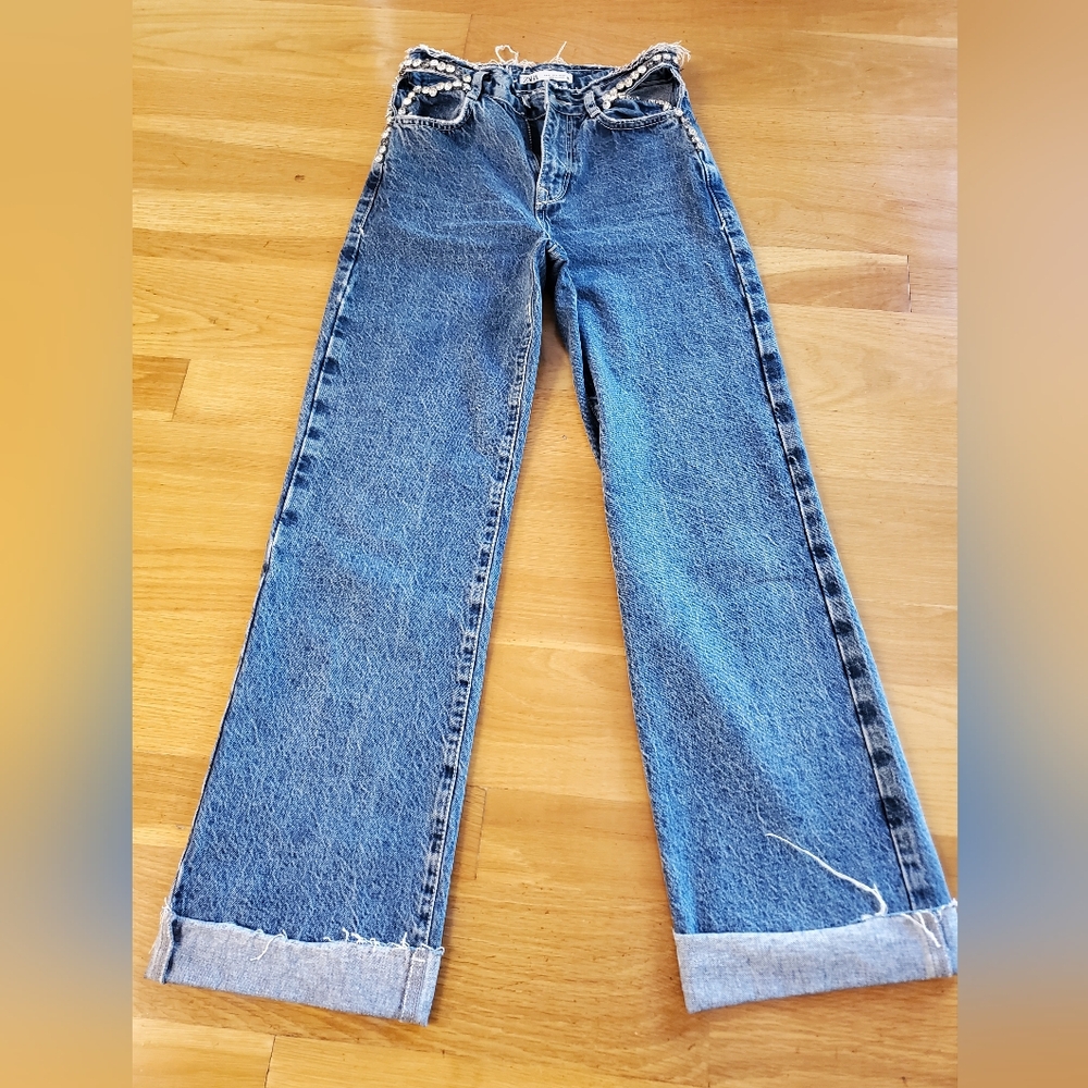 ZARA  High Waisted Wide Leg Cut Out Jeans Studded Size 0